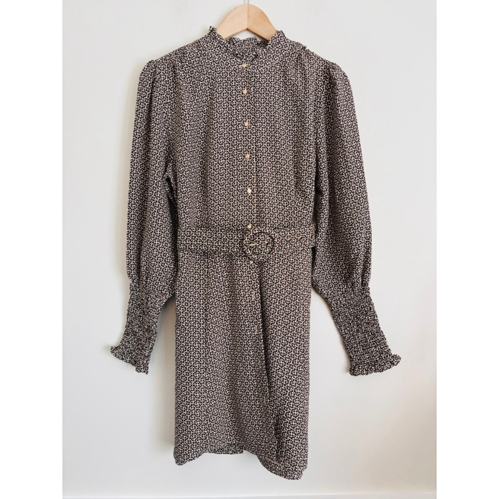 Bishop + Young Brown Beige Geometric Odessa Shirt Dress Medium